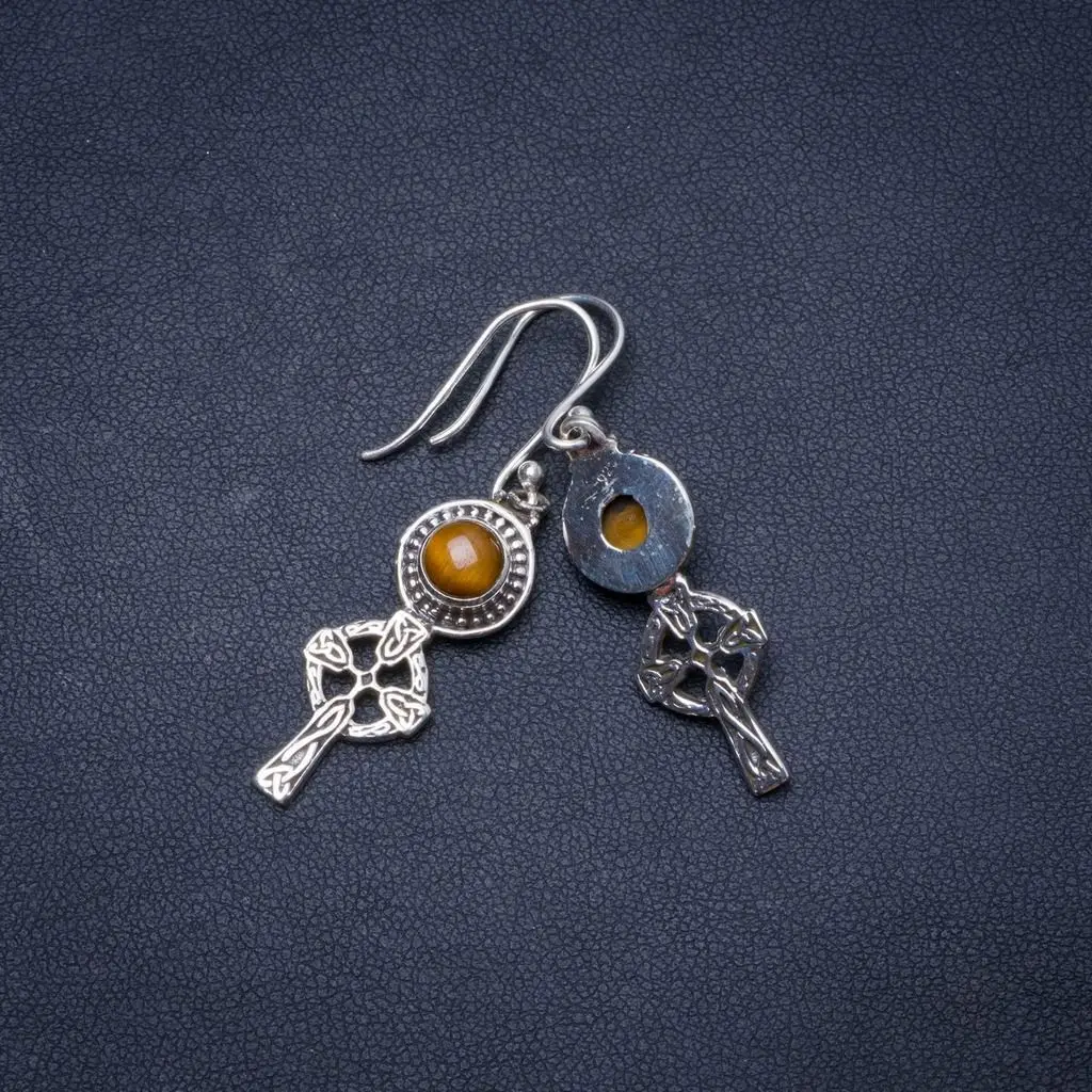 

Natural Tiger Eye Handmade Unique 925 Sterling Silver Earrings 1.5" Y0273