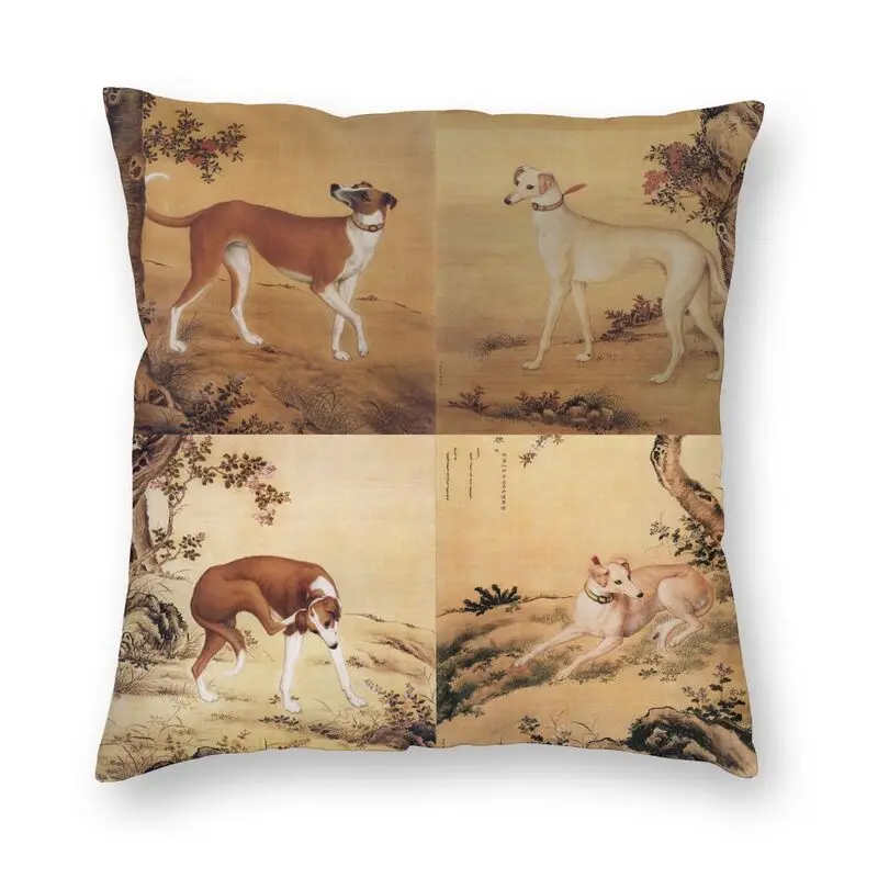

Vintage Greyhound Sihthound Chinese Style Painting Square Pillow Case Decoration Dog Animal Art Cushion Cover for Living Room