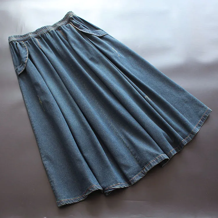 

8920New women's spring clothing skirt artistic commuter pure color elastic waist mid skirt denim pleated umbrella skirt