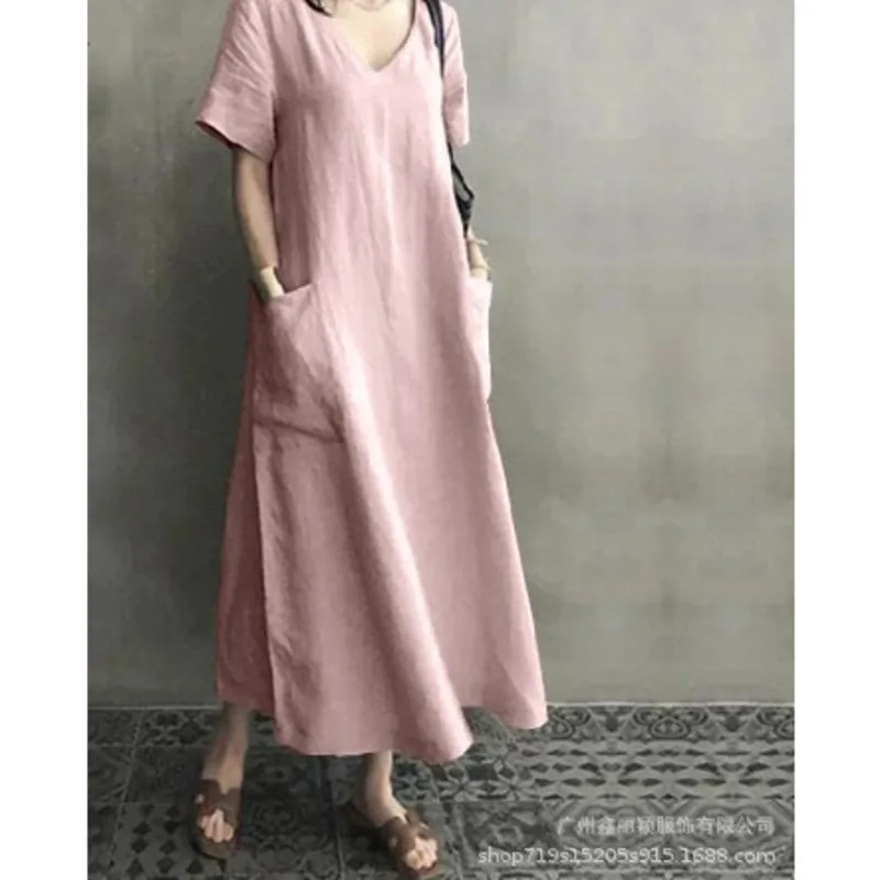 Однотонные свободные миди платье для женщин из хлопка с v-образным вырезом