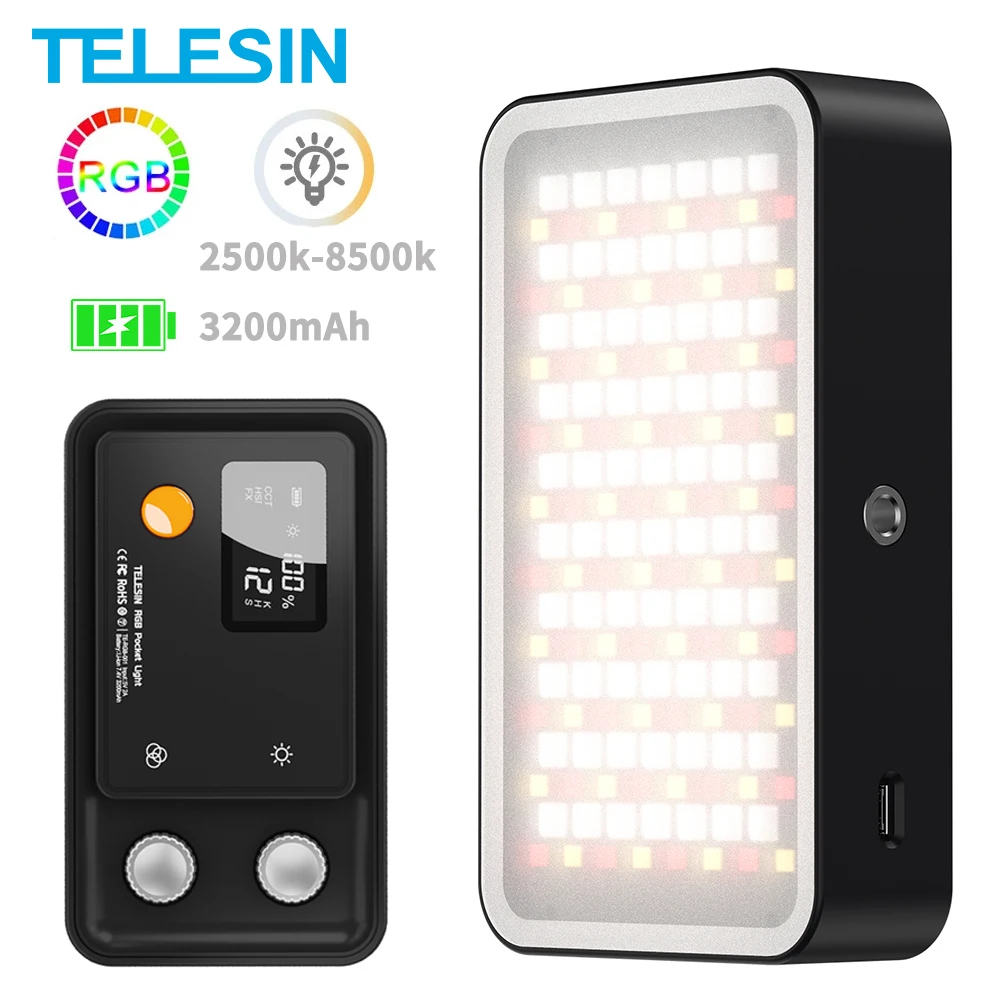 TELESIN 3200mAh RGB Video Light 2500k 8500k With Display Screen LED Vlog Photography Fill Light DSLR Smartphone Selfie Lighting