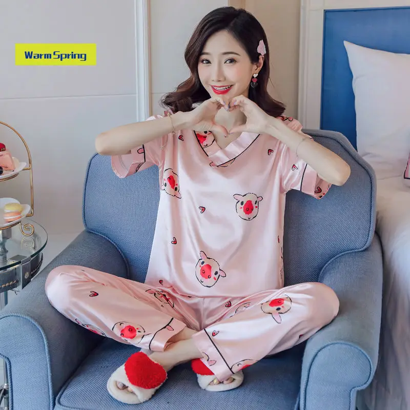 

Ice Silk Pajamas Women's Summer Thin Short-Sleeved Trousers Cute Student Home Wear Artificial Silk Sexy Two-Piece Suit Summer