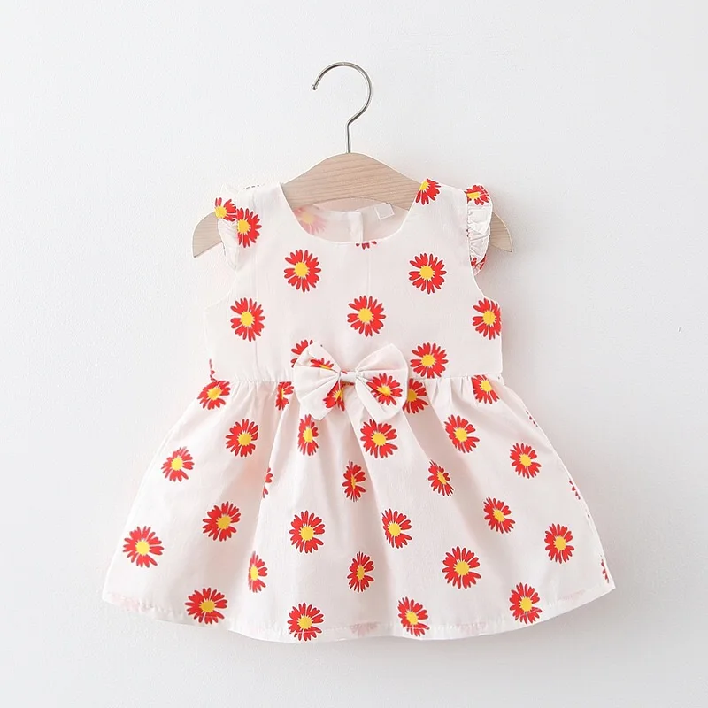 Платье для новорожденных Летнее хлопковое платье с цветочным принтом и бантом