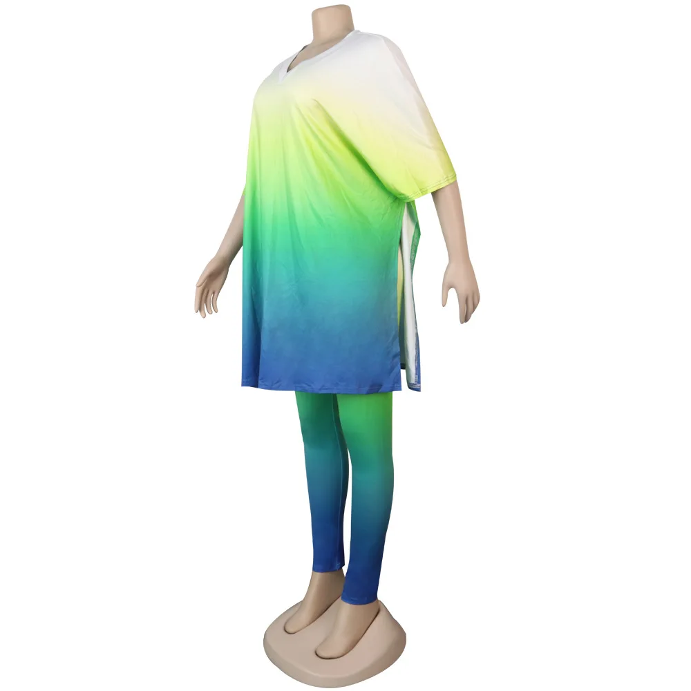 

Adogirl Plus Size Women Set Gradient Printed V-neck Tee Tops Jogger Sweatpant Suits Women Split Loose Two Pieces Set Tracksuits