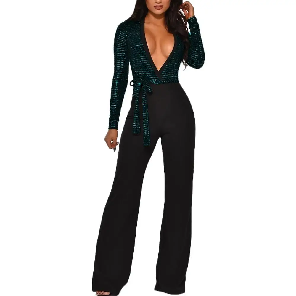 Sequined Slim Women Jumpsuits Black Sexy Solid Leotard Long Sleeves Straight Rompers Partywear Monos de Fiesta 2020 New Hot YE |