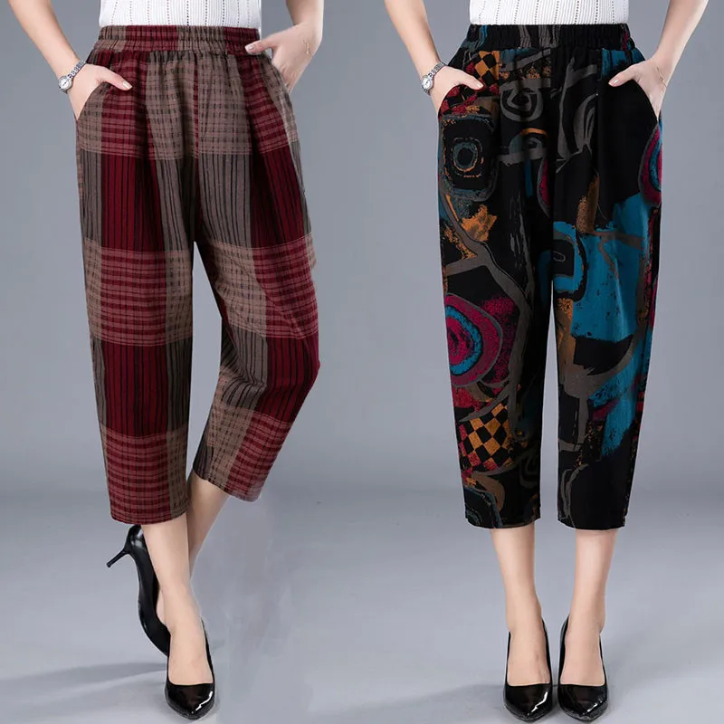 

Cotton Linen Plaid Cropped Trousers Pants Summer New High Waist Thin Section Fashion Women's Bandwidth Loose Casual Pants