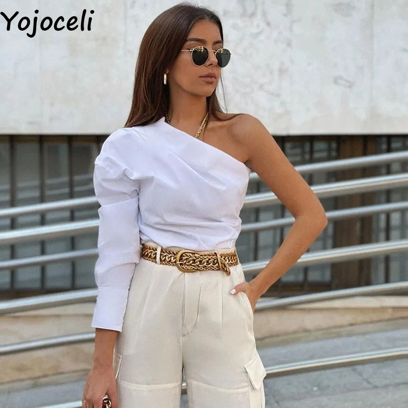 

Yojoceli Elegant one shoulder women white blouse Summer casual beach blouse Autumn party cool bluses tops female