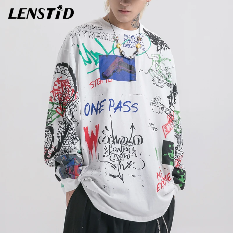 LENSTID граффити печати с длинными рукавами мужские футболки хип хоп хипстер панк