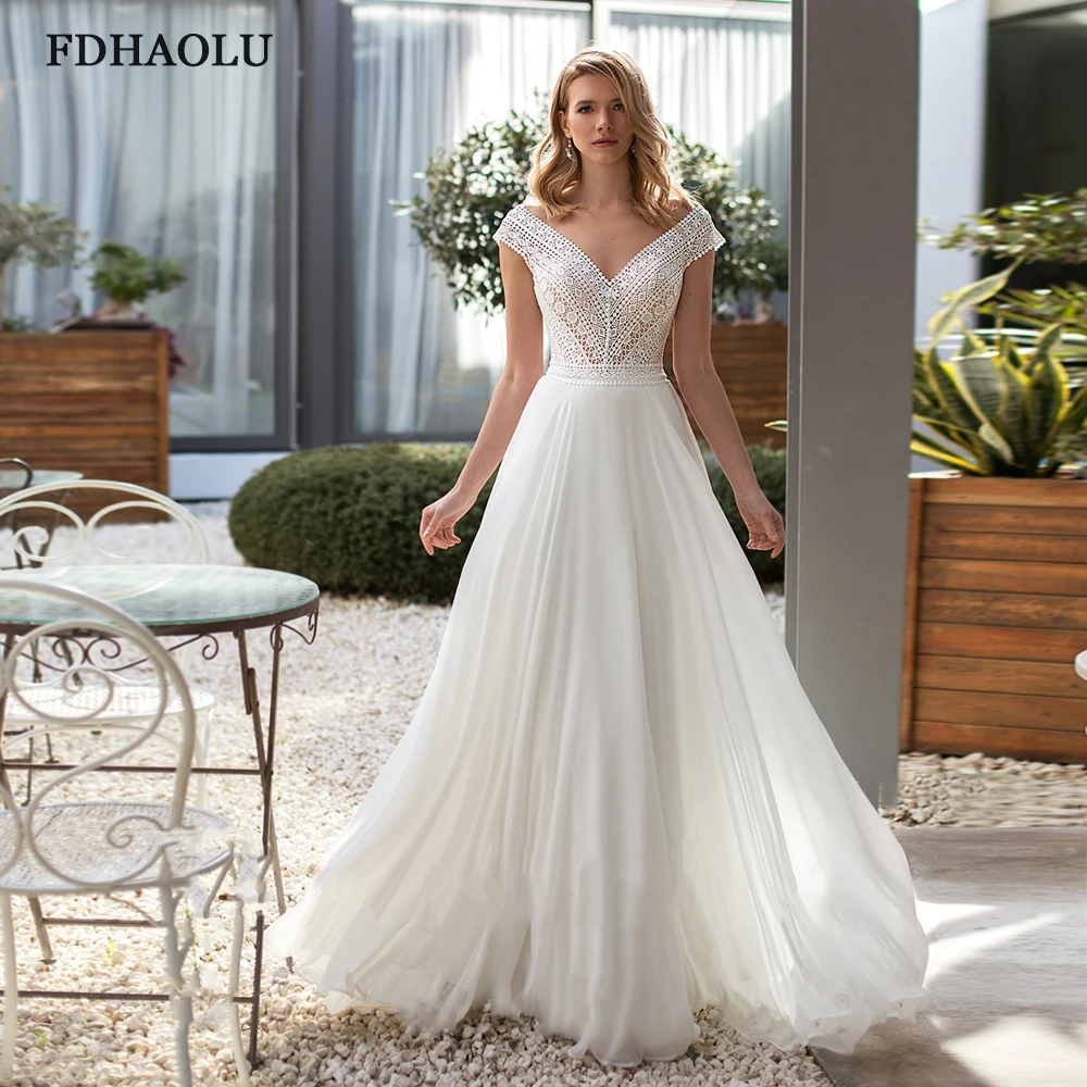 

FDHAOLU FU181 сексуальные пляжные свадебные платья с V-образным вырезом в стиле бохо недорогие шифоновые платья с открытыми плечами А-силуэта в бо...