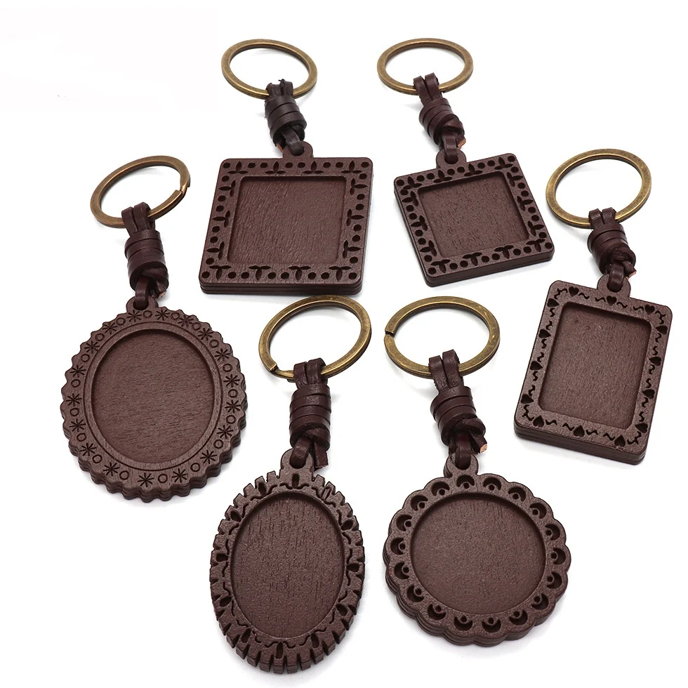 

3PCS/Lot round rectangular double-side base wooden chassis blank relief pendant with leather thread key ring.For jewelry making