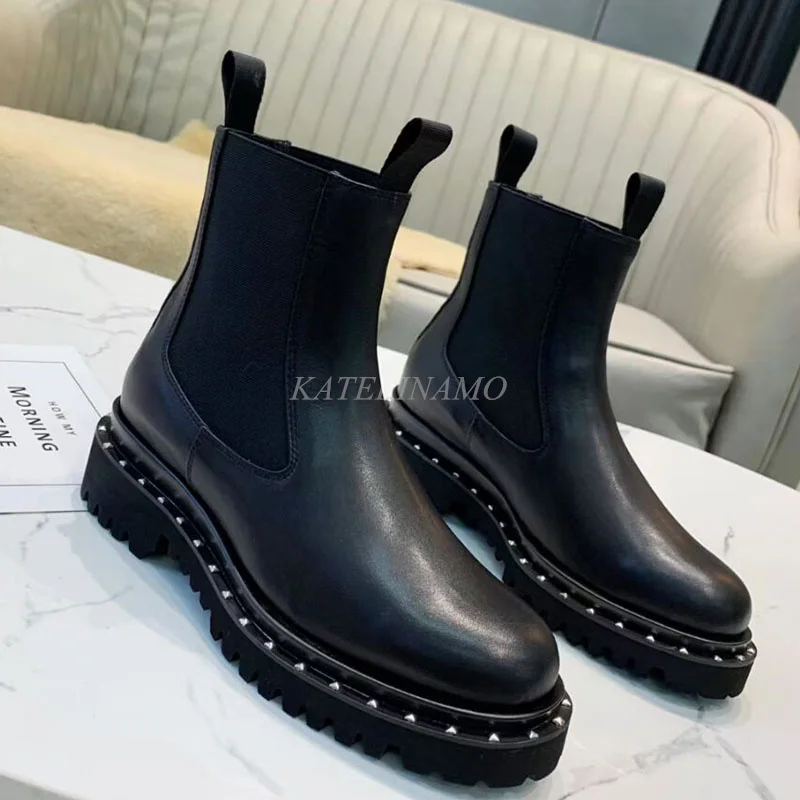 

2021 брендовые роскошные женские ботинки челси из натуральной кожи, новые Брендовые женские ботильоны с заклепками, женская короткая обувь с ...