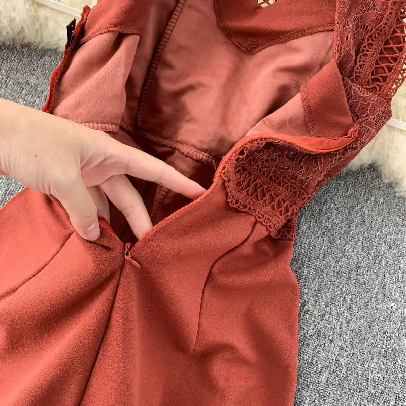 

Women's Jumpsuit Summer Sleeveless Lace Patchwork Office Long Overalls Women Fashion Hollow Out Round Collar Jumpsuit Female