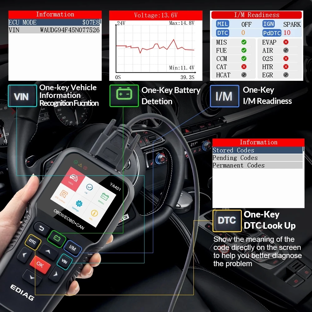 Ediag YA401 obdii code reader Scanner Free update Full OBD2 Functions battery check PK KW850 CR3008 Auto diagnostic tool | Автомобили и