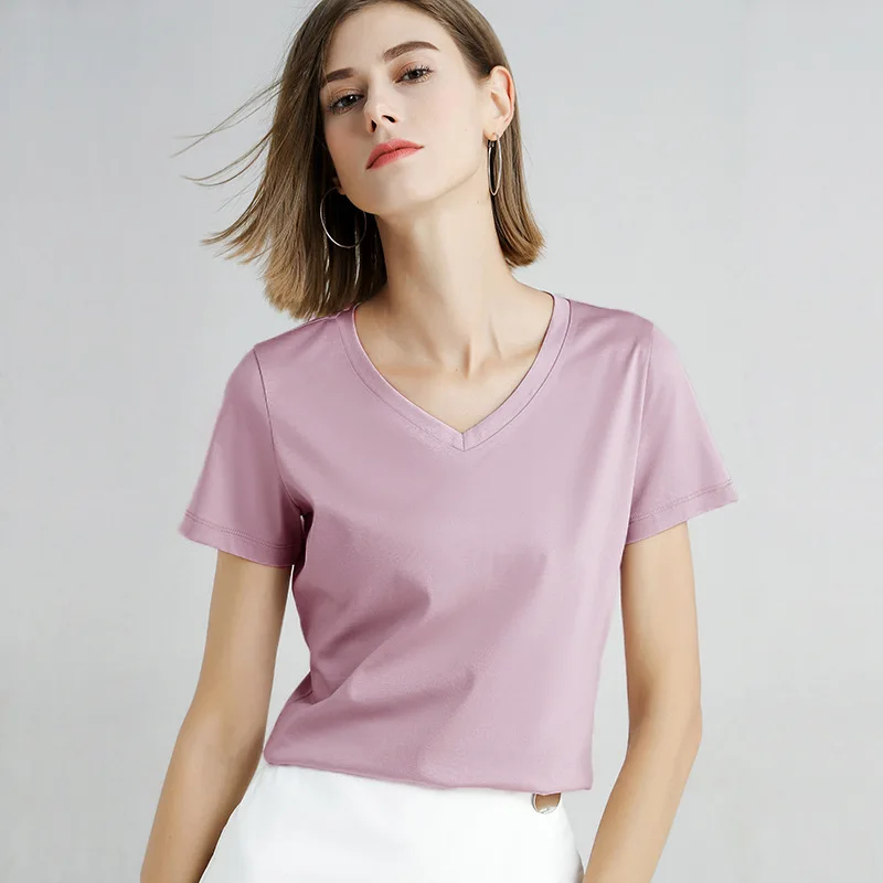 

NEW Summer Knitted V-Neck T-Shirt Women Cotton Basic Solid Tee Shirt Female Short Sleeve Kintwear Tops Harajuku Tshirt Ladies