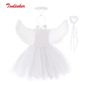 Детское платье-пачка на Хэллоуин, белые блестящие Костюмы Ангелов для девочек, перо с крыльями и сказочными бриллиантами, костюм для косплея и вечеринки