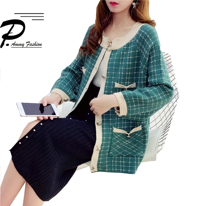 Женский длинный рукав Свободный вязаный кардиган клетчатый свитер 2019 Осень Зима