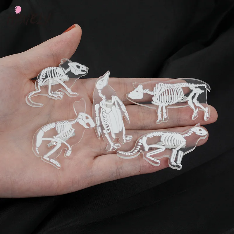 Брошь в виде животного скелета пингвин свинья кролик кошка мышь Череп прозрачная