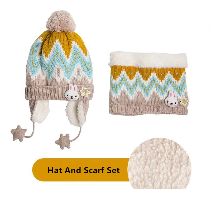 Hat And Scarf Set Зимний детский шарф, шапка и наборы с перчатками, детская шапка со снежинками и шарфом из мультфильма, теплые бархатные шапочки - Цвет: Hat And Scarf Set