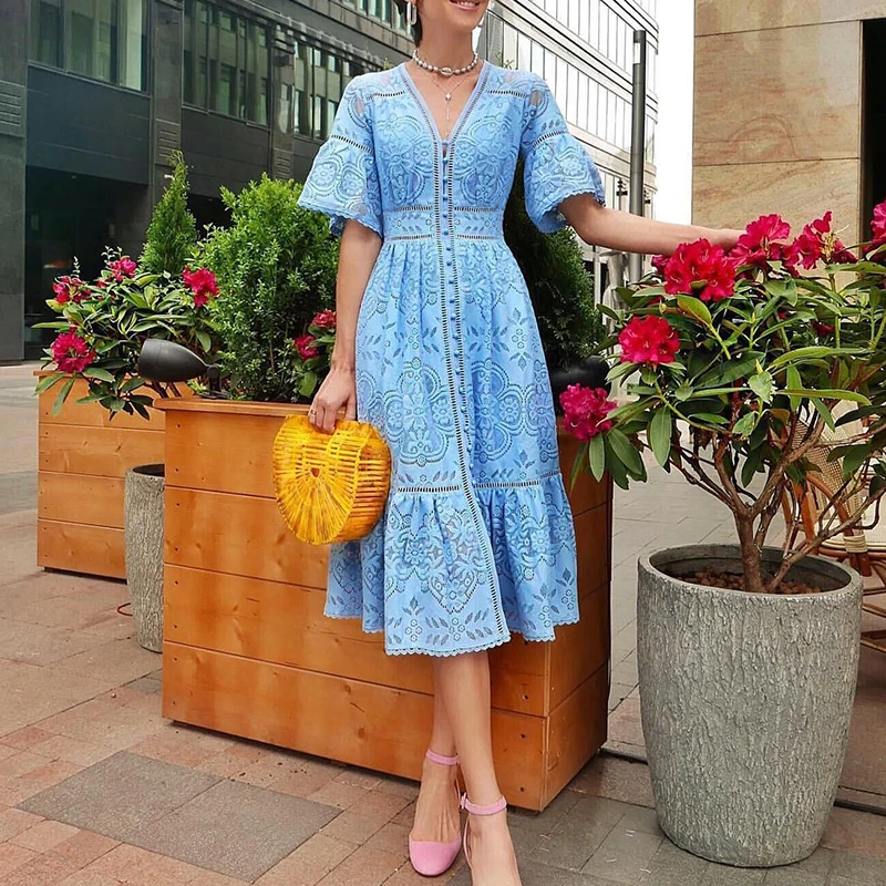 

Embroidery Deep V Neck Women Dress Casual Sexy OL Beach Holiday Dresses Long Single-breasted Elegant Summer Lace Hollow Out Mesh