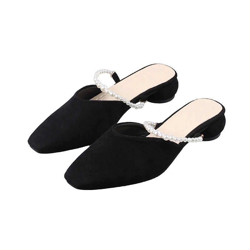 

Women's Shoes Slippers 2020 Spring New Fashion Pearl Low Heel Square Head Muller Sandals