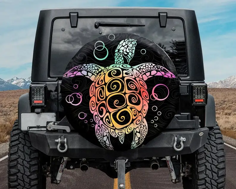 

Hawaiian Print Tribal Colorful Sea Turtle Spare Tire Cover, Funny Turtle Jeep Spare Tire Cover For Jeep, Turtle lover,