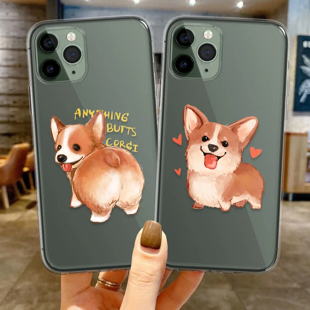 Прозрачный симпатичный чехол Corgi для iPhone 12 11 13 Pro XS Max 6 6S 8 7 Plus X XR Mini SE 2020 Мягкий