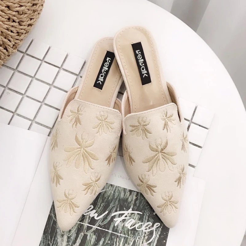 Женские туфли без задника с вышитыми пчелками Шлепанцы на плоской подошве