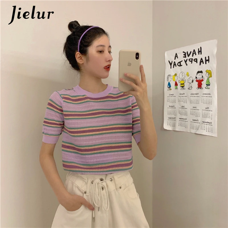 

Jielur Patchwork T Shirt Women Knitted O-neck Stripe Basic T-Shirt Summer Short Sleeve Korean Slim Chic Hipster New Tee Tops