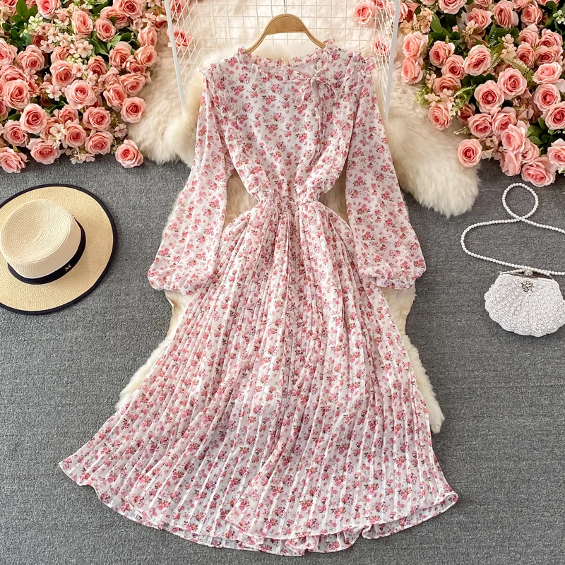 

Aibeautyer New Autumn Floral Print Slim Lady Full Dress A line Stand neck Puff Sleeve Mid-Calf Women Dresses