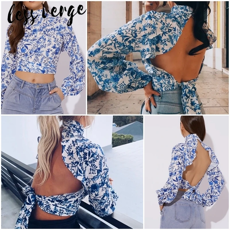 Lessverge Цветочная Сексуальная Блузка с открытой спиной рубашка Женская водолазка