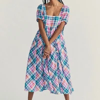 oversize 2021 summer women square collar plaid dresses fashion casual baggy middle length vestidos lace loose grid midi dress