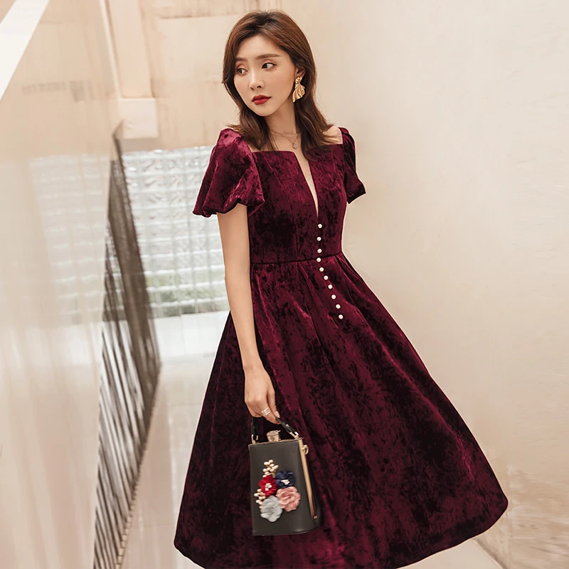 Винтажное платье YIGELILA однотонное с круглым вырезом и пышными рукавами коротким