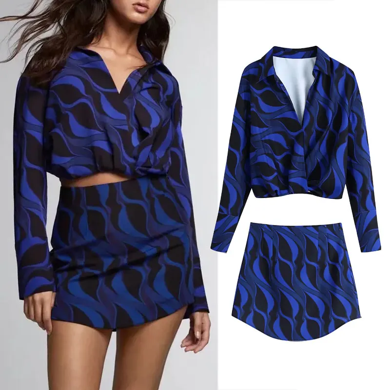 

Женский костюм-двойка с принтом Za, повседневный костюм из рубашки с длинным рукавом и мини-юбки с высокой талией, осень 2021