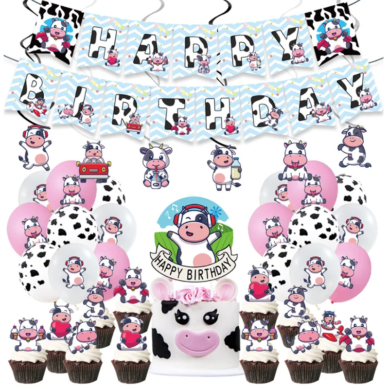 

Farm Cow Theme Birthday Party Decoration Set Flag Hanging Spiral Cake With Row