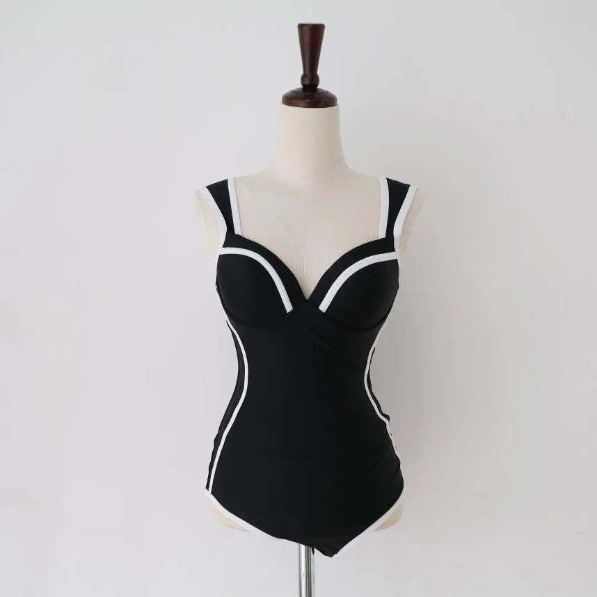 

SOURCE Factory 2020 New Style One-piece Swimming Suit Female Korean-style Elegant Hepburn Wind Black-and-White Hot Springs Swimw