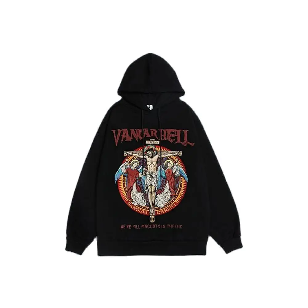 

High street hip-hop religious print pattern plus fleece hooded sweater for men and women fall 2021 new trend couple tops