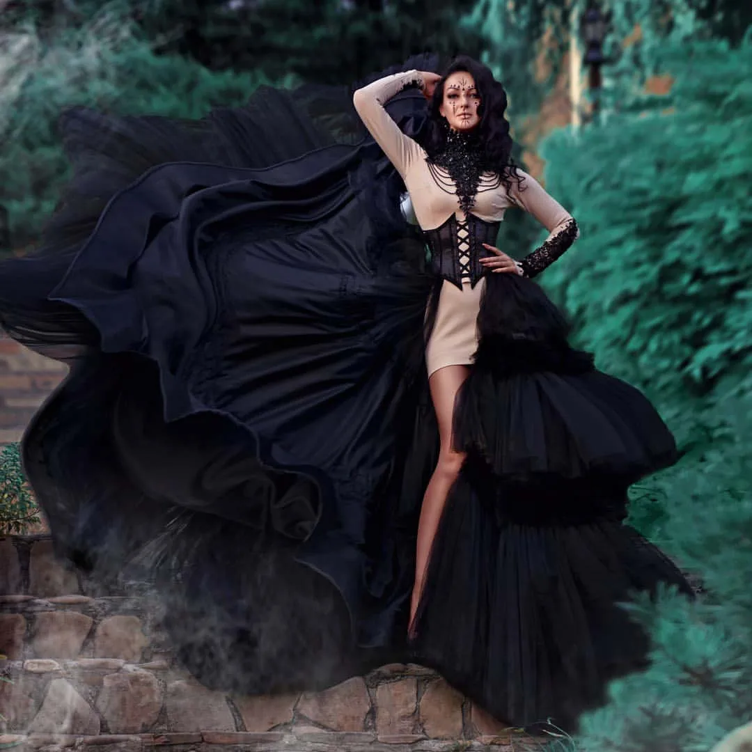 

Черное модное женское платье высокого качества, Тюлевое многослойное платье с оборками в пол, вечернее платье с бисером, фотография, индиви...