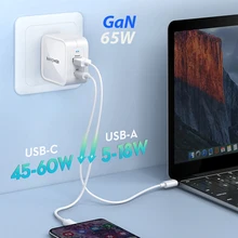 RAVPower GaN Charger 65W USB C Quick Charger Type C Fast Charge Phone Charger Dual Port for iPhone 12 MacBook Pro Wall Charger