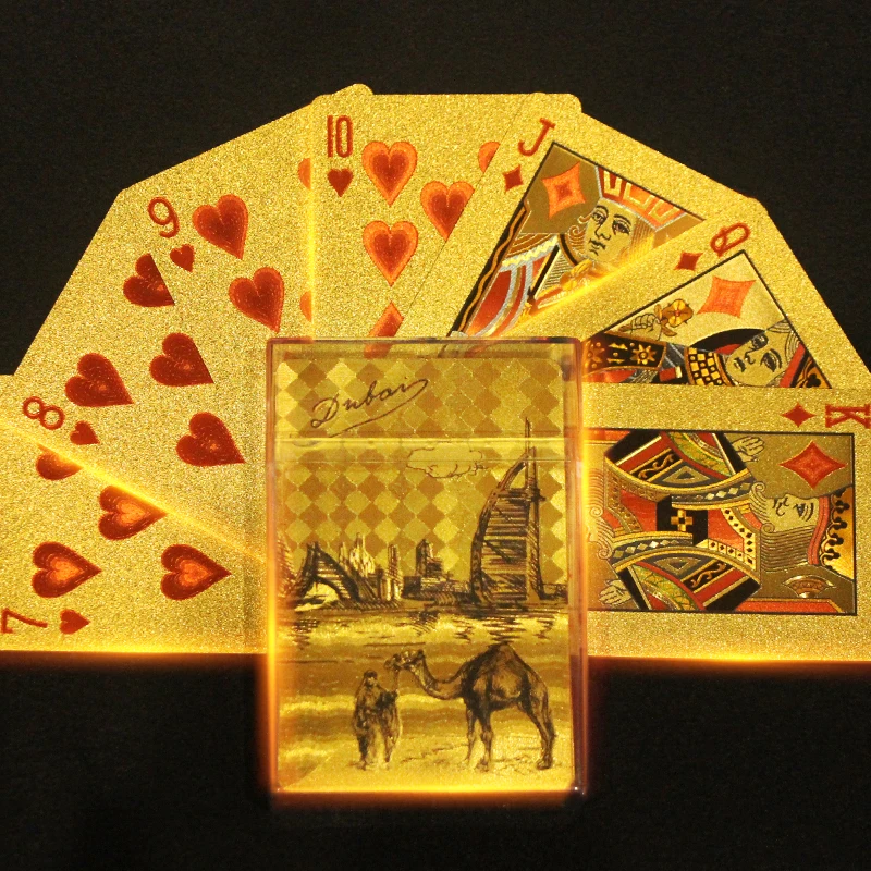 

Plastic Packaging Box Dubai 24K Gold Playing Cards Poker Gold Foil Texas Scrub Baccarat Pokers Magic Tricks Table Game Gift