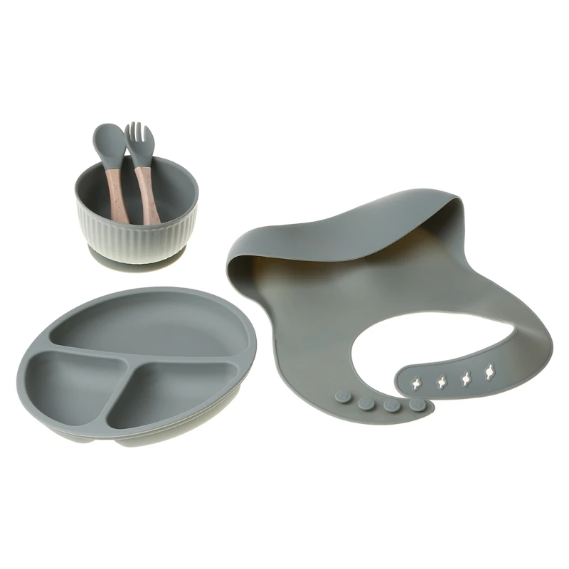 

5PCS/Set Baby Feeding Tableware BPA Free Food Grade Silicone Bowl Bib Placemat Fork Spoon Feeding Set Baby Supplies