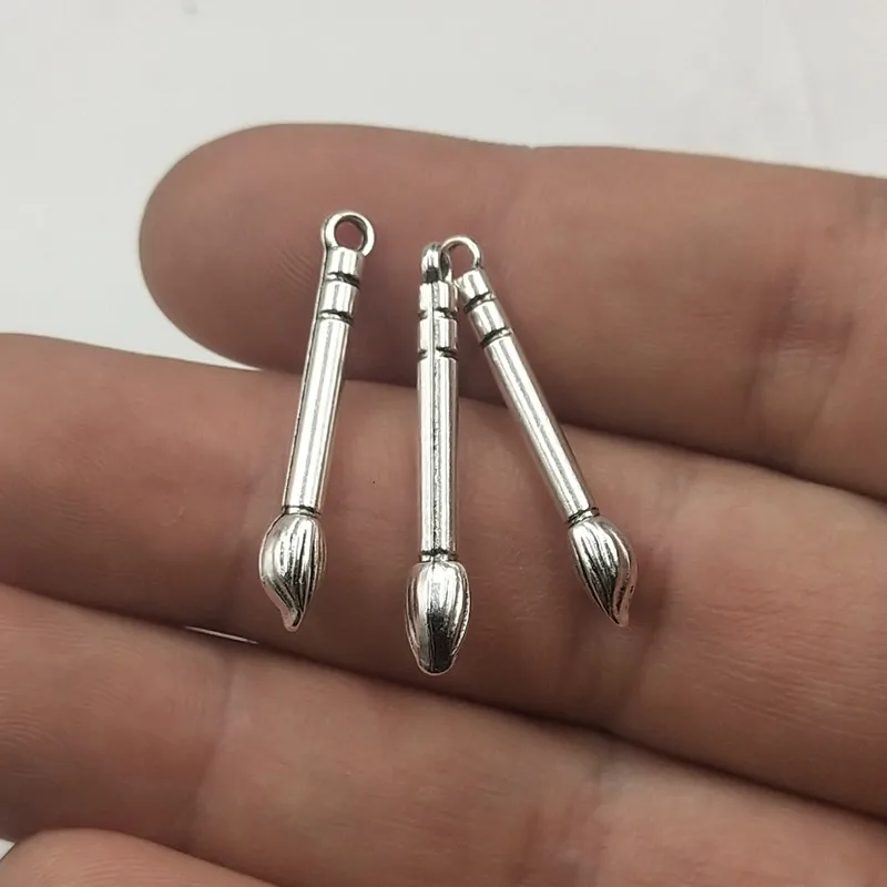 10 шт. Подвески китайский рисующей щетки 29x4 мм Античные с серебристым покрытием