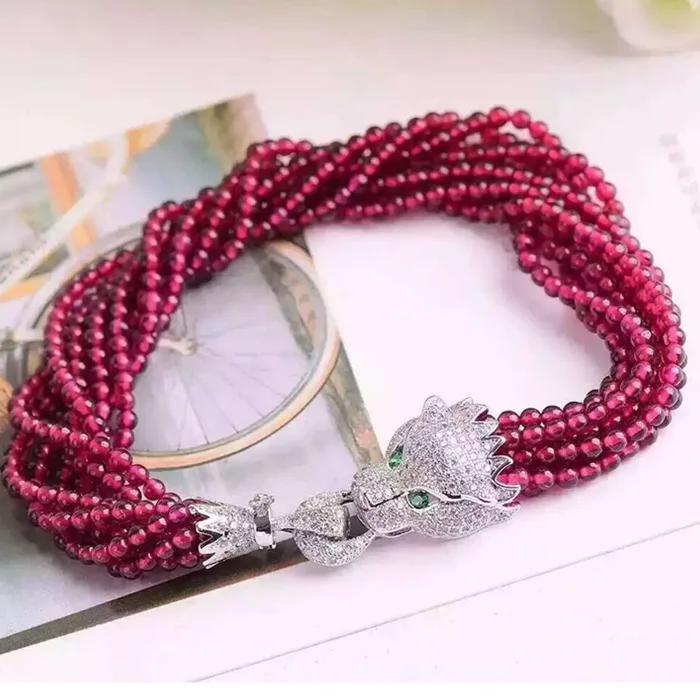 

4rows 4mm garnet necklace and bracelet leopard hook 25inch 8inch inlay zircon tassel long sweater chain necklace round amazing