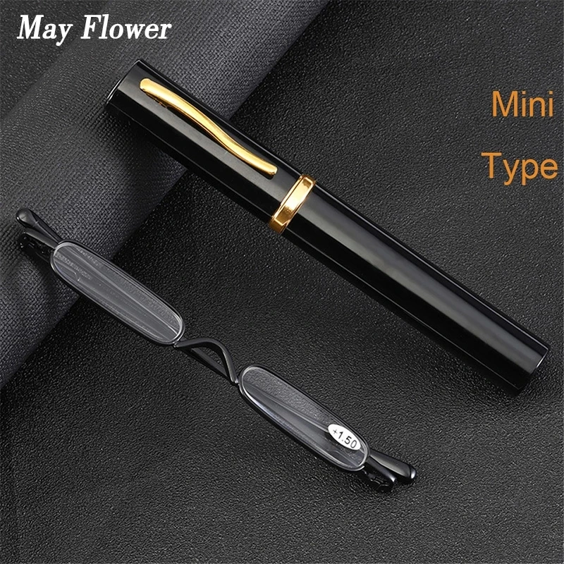 

Mini Portable Reading Glasses Metal Presbyopia Eyewear Ultra-light Far Sight Eyeglasses With Pen Case Smart Glasses Men Women +2