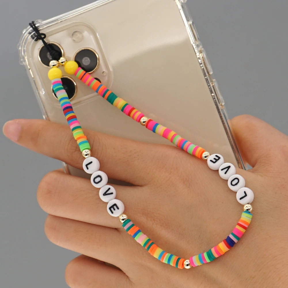 

2021 New Beaded Mobile Strap Heishi Chain Telephone Lanyard Jewelry LOVE Letter Chains Polymer Clay Phone Cord Holder