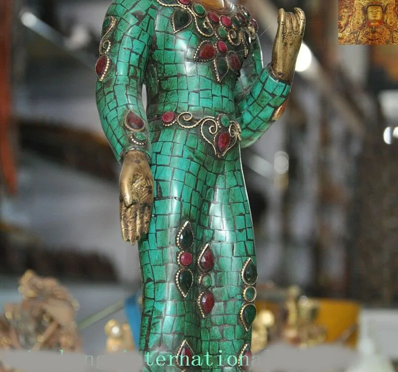 

wedding decoration Old Tibet Buddhism bronze Inlay turquoise gem Sakyamuni Tathagata Buddha statue