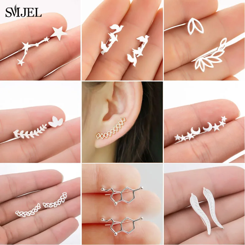 SMJEL Bohemian Leaves Earrings Ear Climber Tiny Circle Star Feather Stud Earrings For Women Everyday Jewelry Elephant Ear Cuff