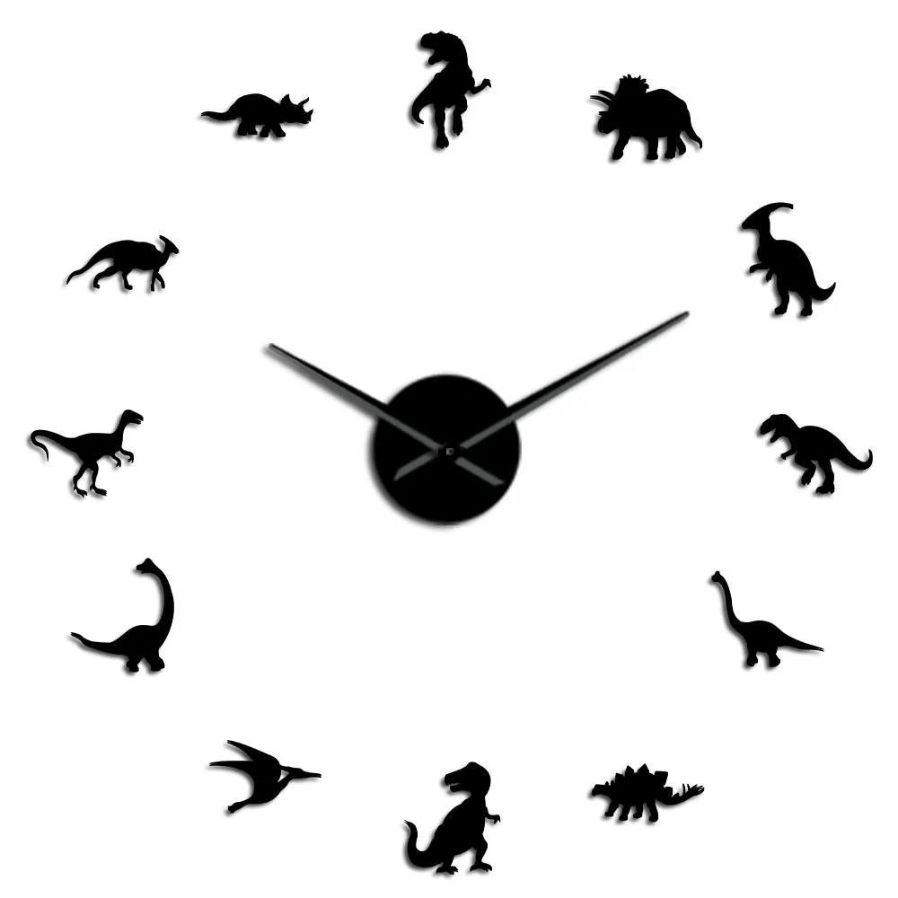Black Динозавры юрского периода настенные художественные T-Rex DIY большие настенные часы детская комната украшение гигантские бескаркасные настенные часы динозавры Современные часы - Цвет: Black