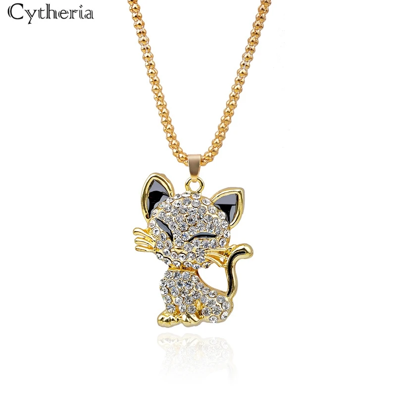 Животное ожерелья с котом Подвески креативная Милая Стразы кошка попкорн