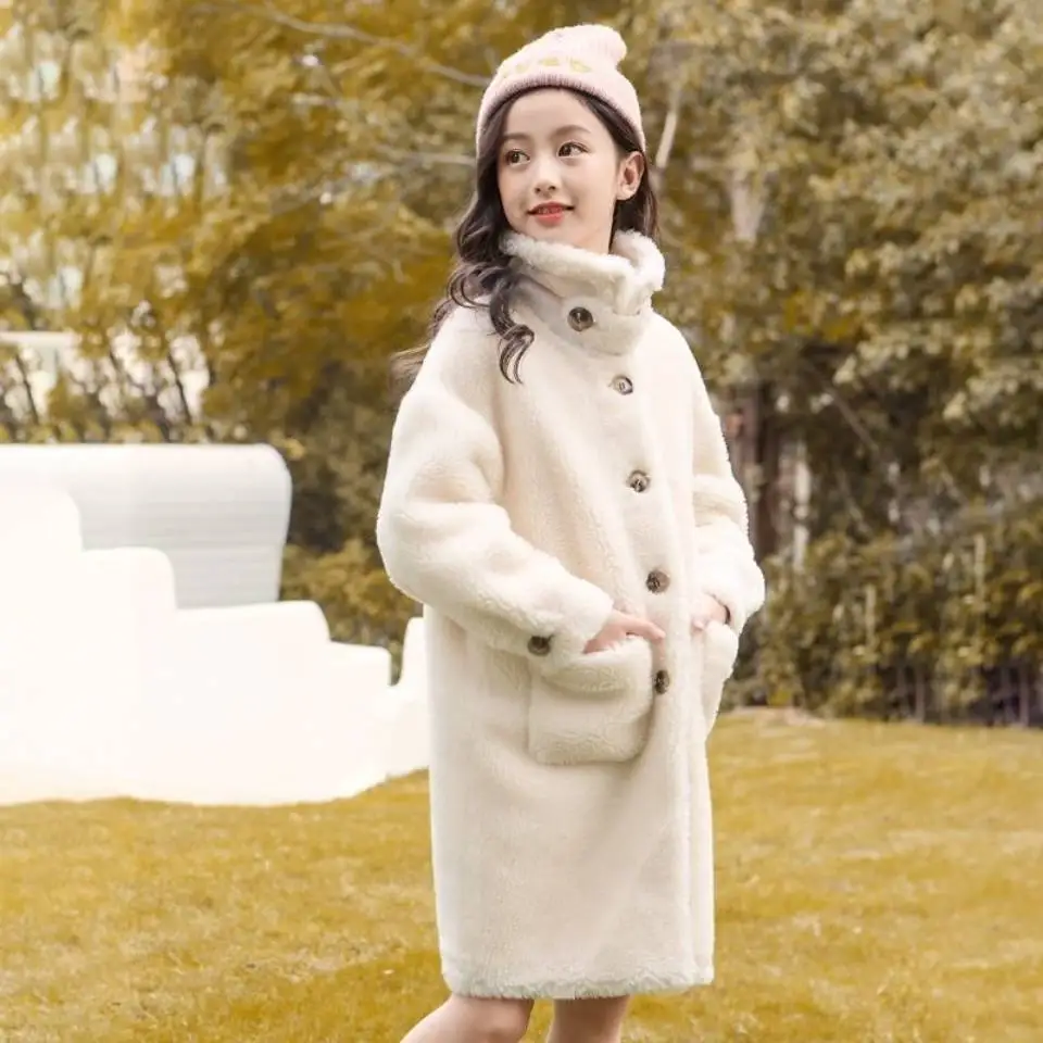

2020 Girls Casual Autumn Winter Mid Length Turn-down Jackets Outerwear Fashion Solid Color Children Clothing Cute Girls Coat