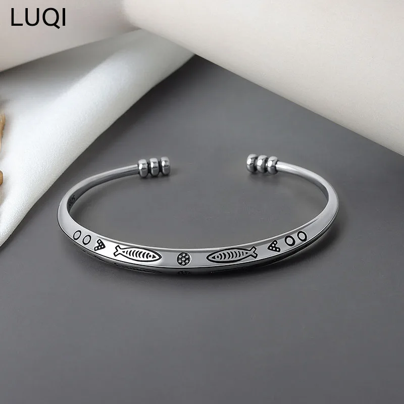 

S925 SILVER Silver Plated Ethnic Style Handmade Retro Opening Carved Unisex Bracelet SH113